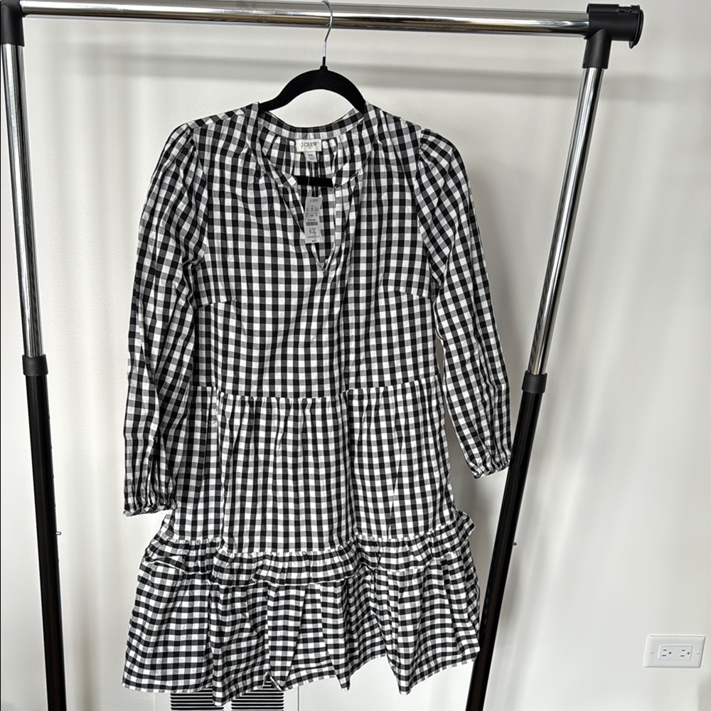 NWT jcrew  Black and White Gingham Checkered long sleeve Dress size XS